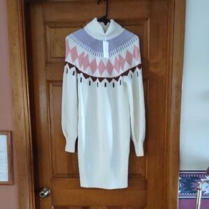 NWT  Cozy Cream Knit Dress with Pink and Purple Pattern